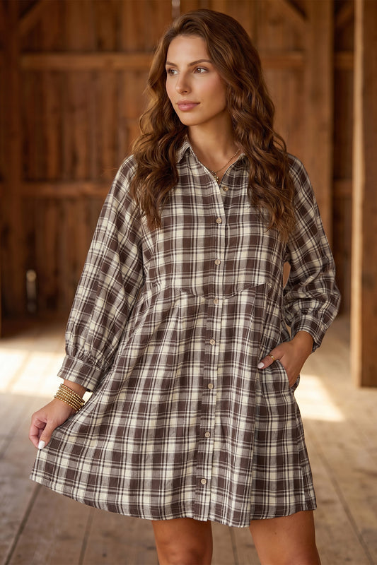 Brown Plaid Long Sleeve Mini Shift Dress