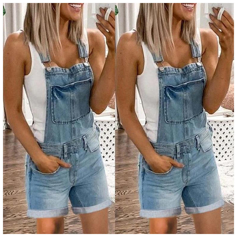 Women's Distressed Denim Overall Shorts