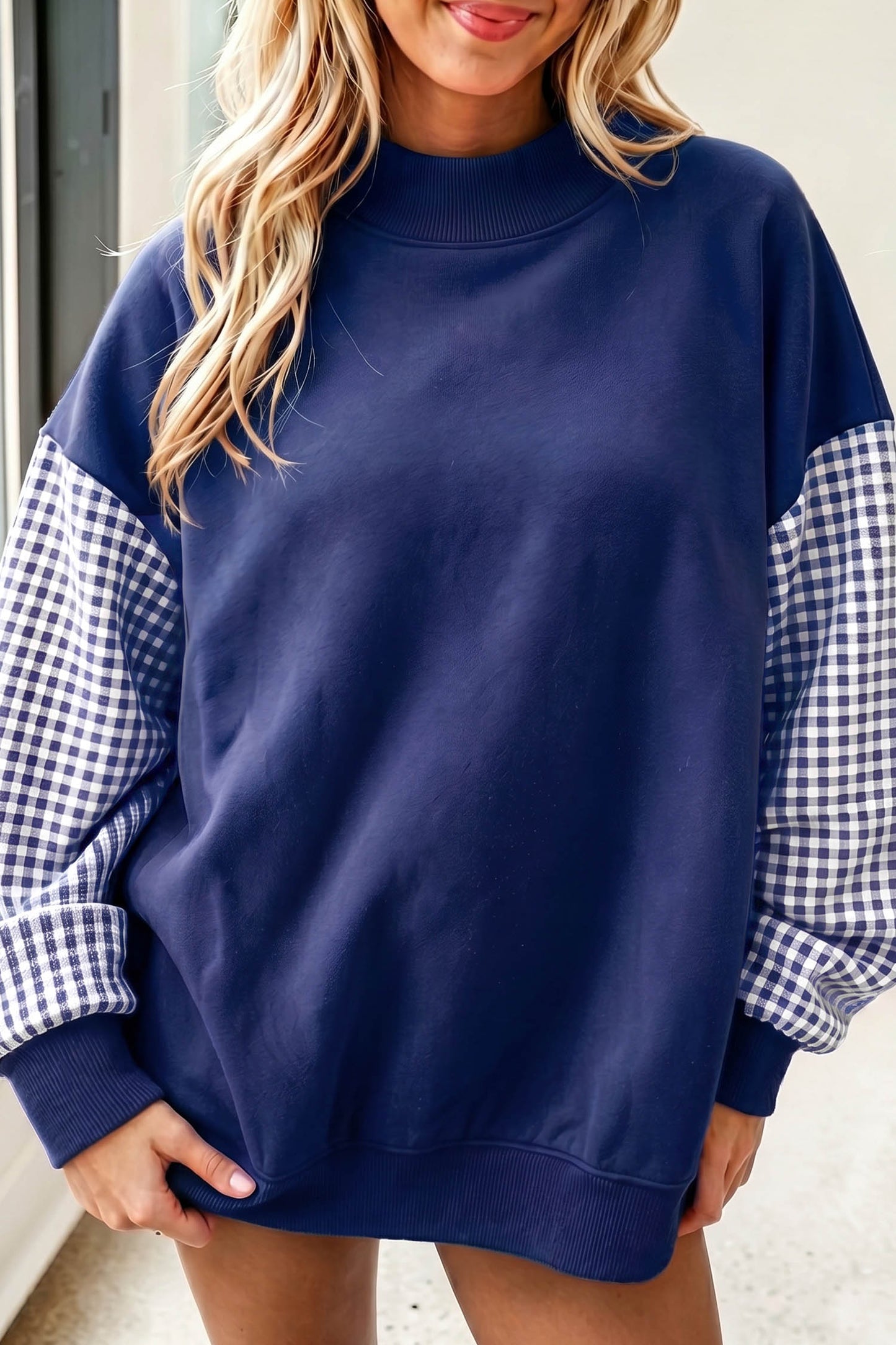 Plaid Sleeve Colorblock Tunic Sweatshirt