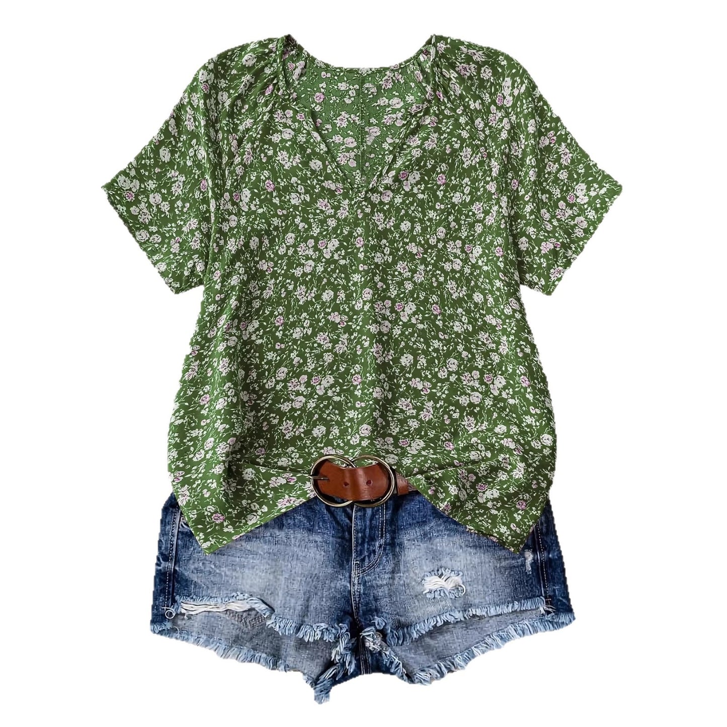 Women's V-Neck Floral Short-Sleeve Top
