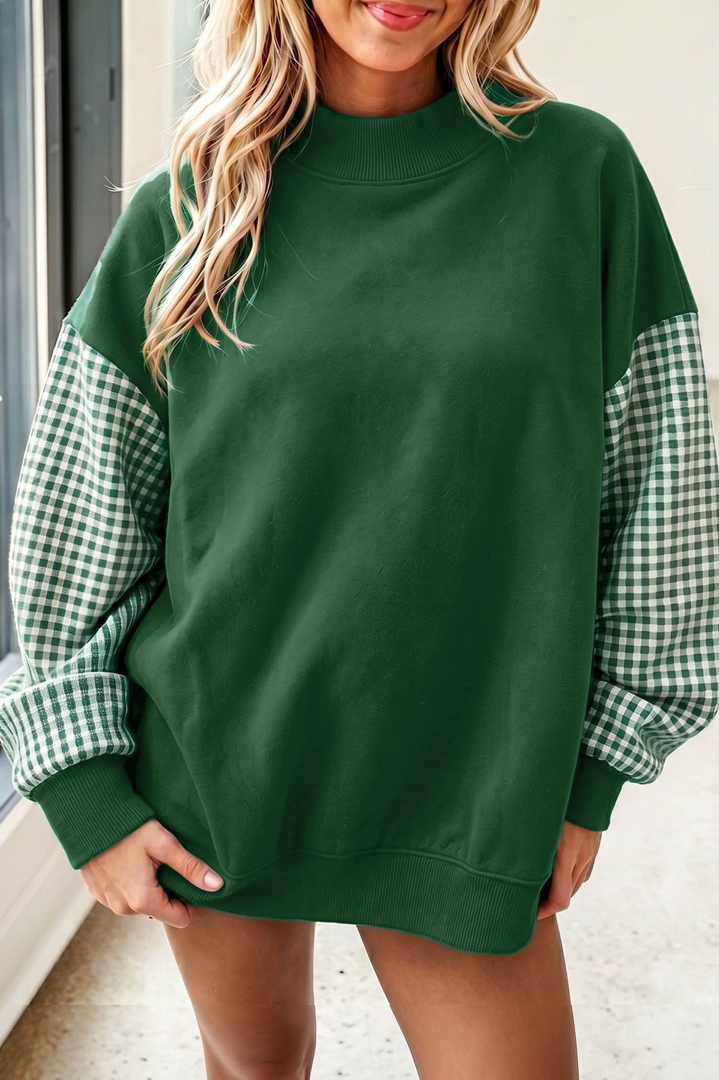 Plaid Sleeve Colorblock Tunic Sweatshirt