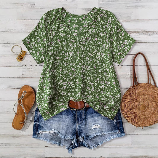 Women's V-Neck Floral Short-Sleeve Top