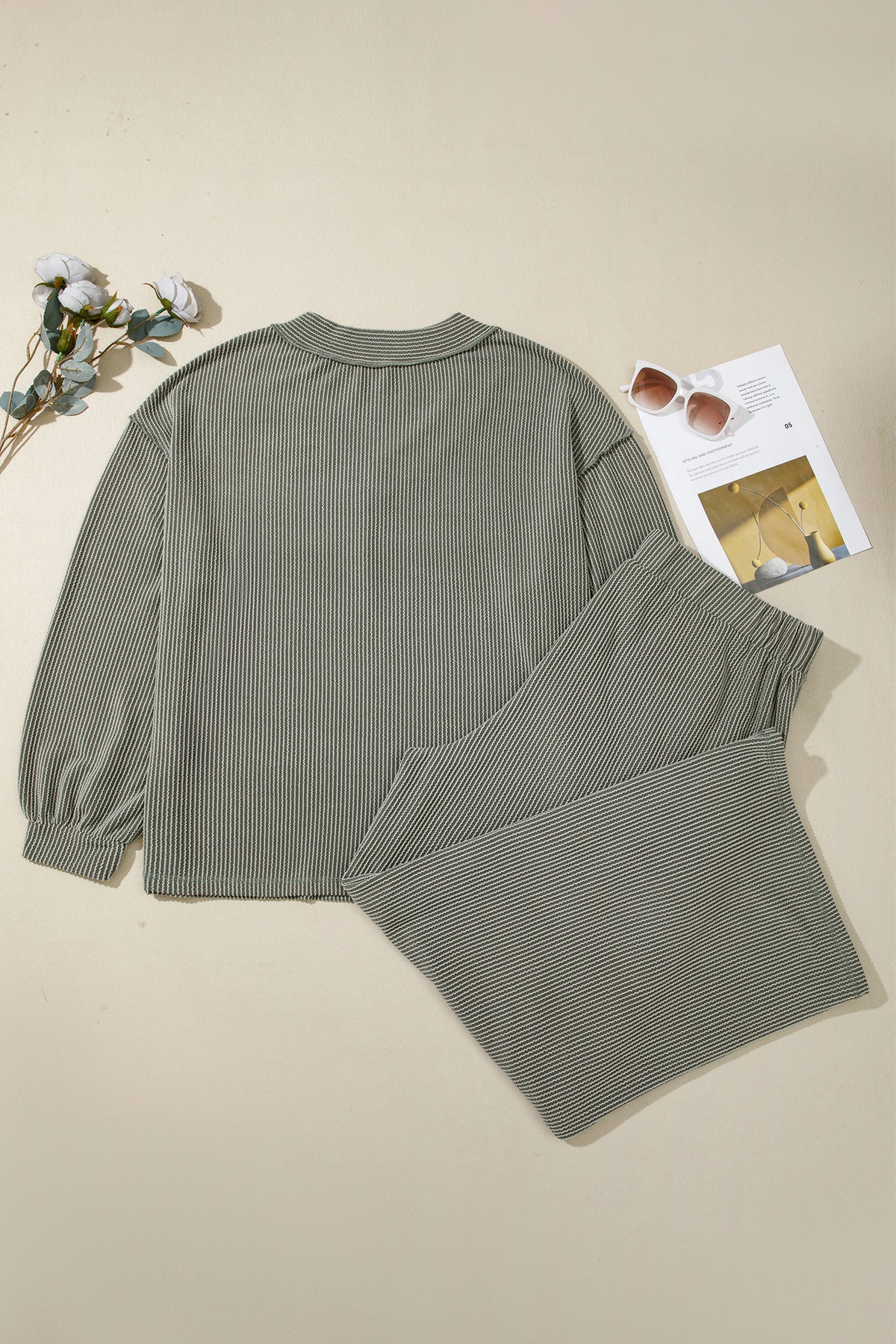 Four Leaf Clover Ribbed V-Neck Pullover & Pant Set Plus Size