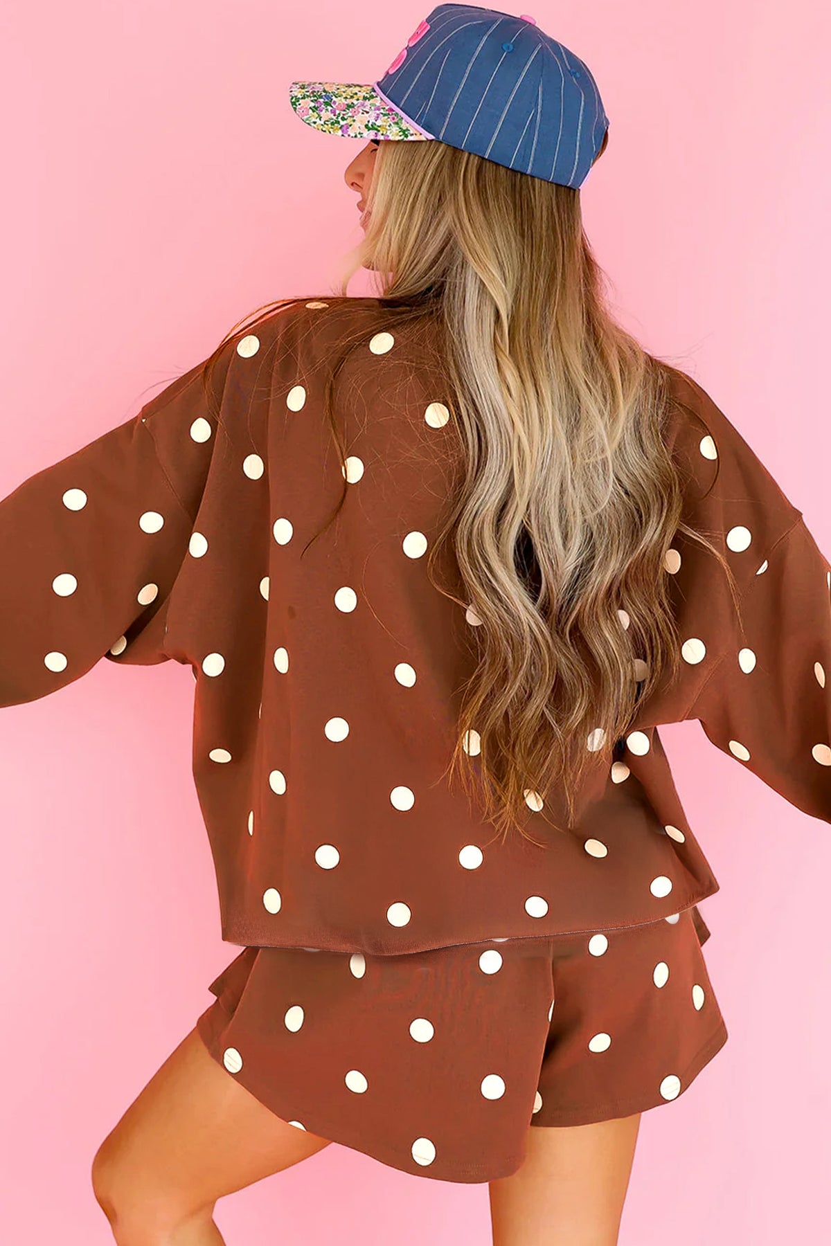 Brown Polka Dot Pullover & Skort Two-Piece Set