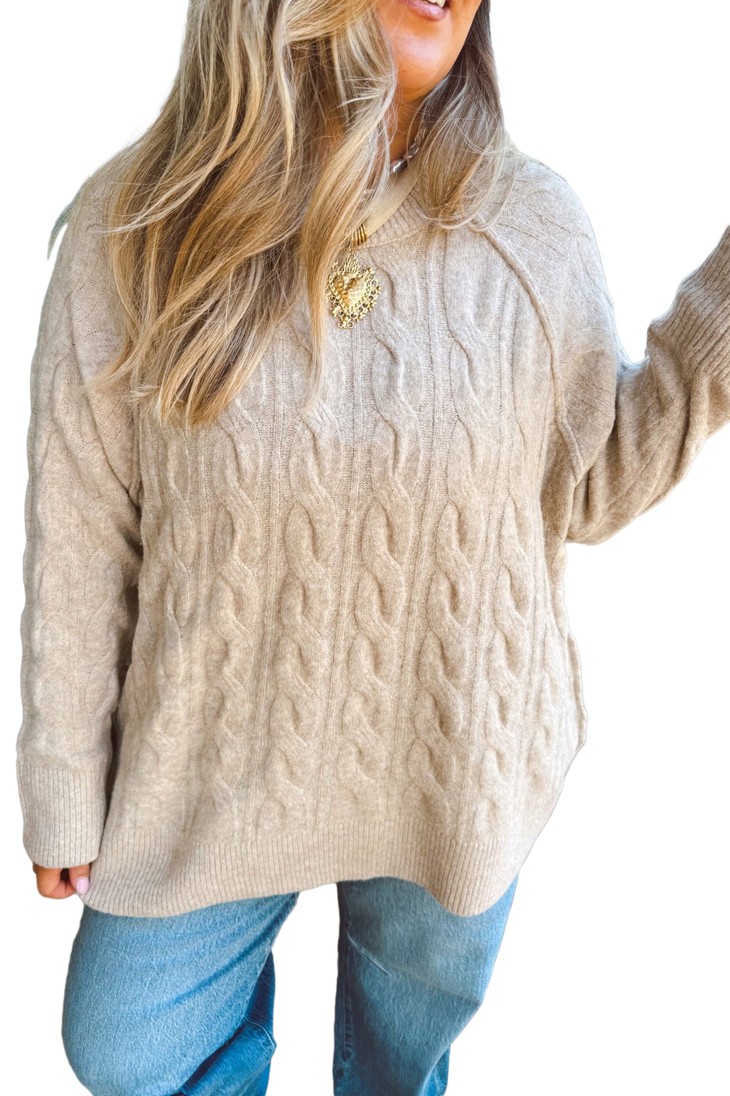 Parchment Oversized Cable Knit Tunic Sweater | Plus Size 1X–4X