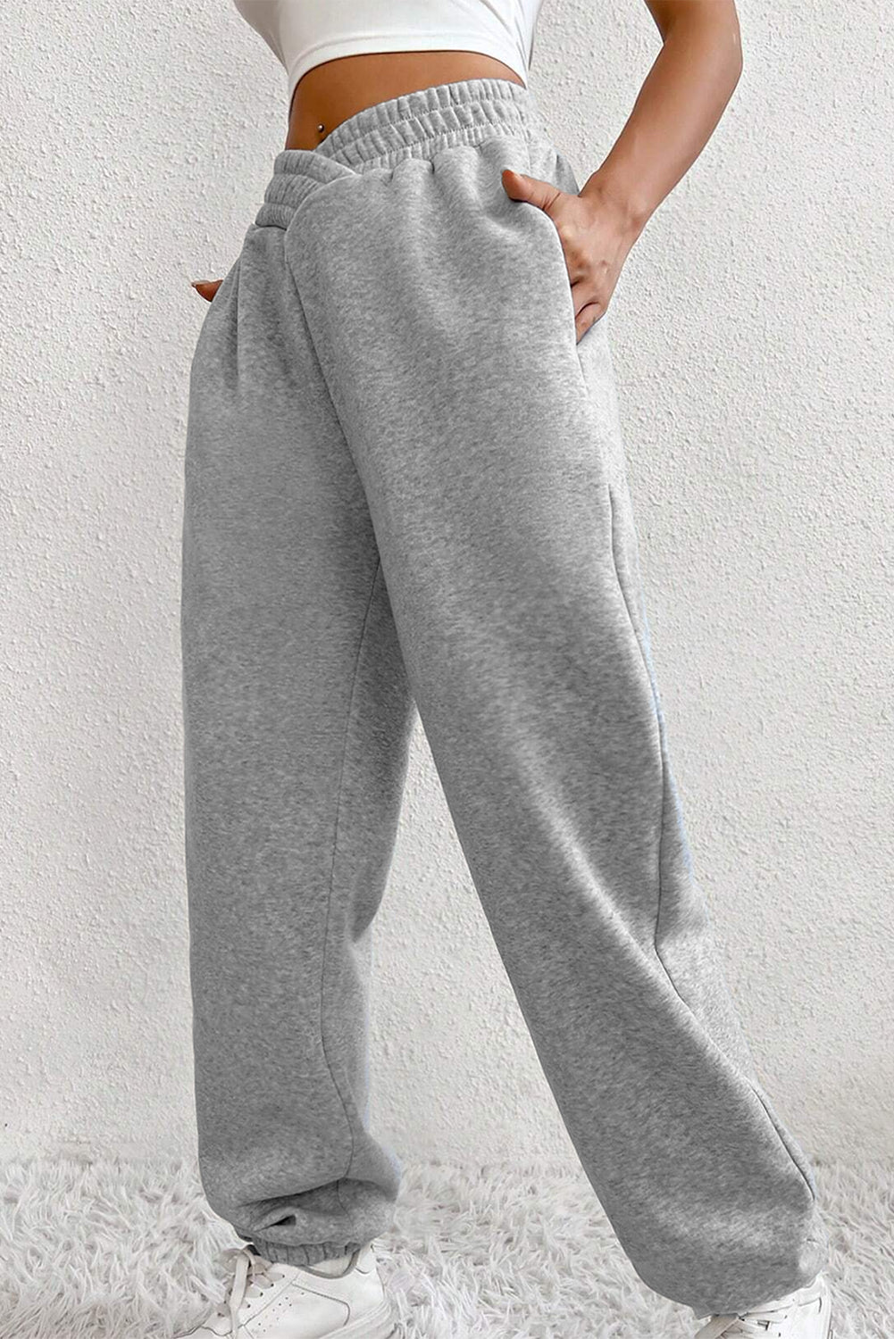 Light Grey Crisscross Elastic Waist Sweatpants