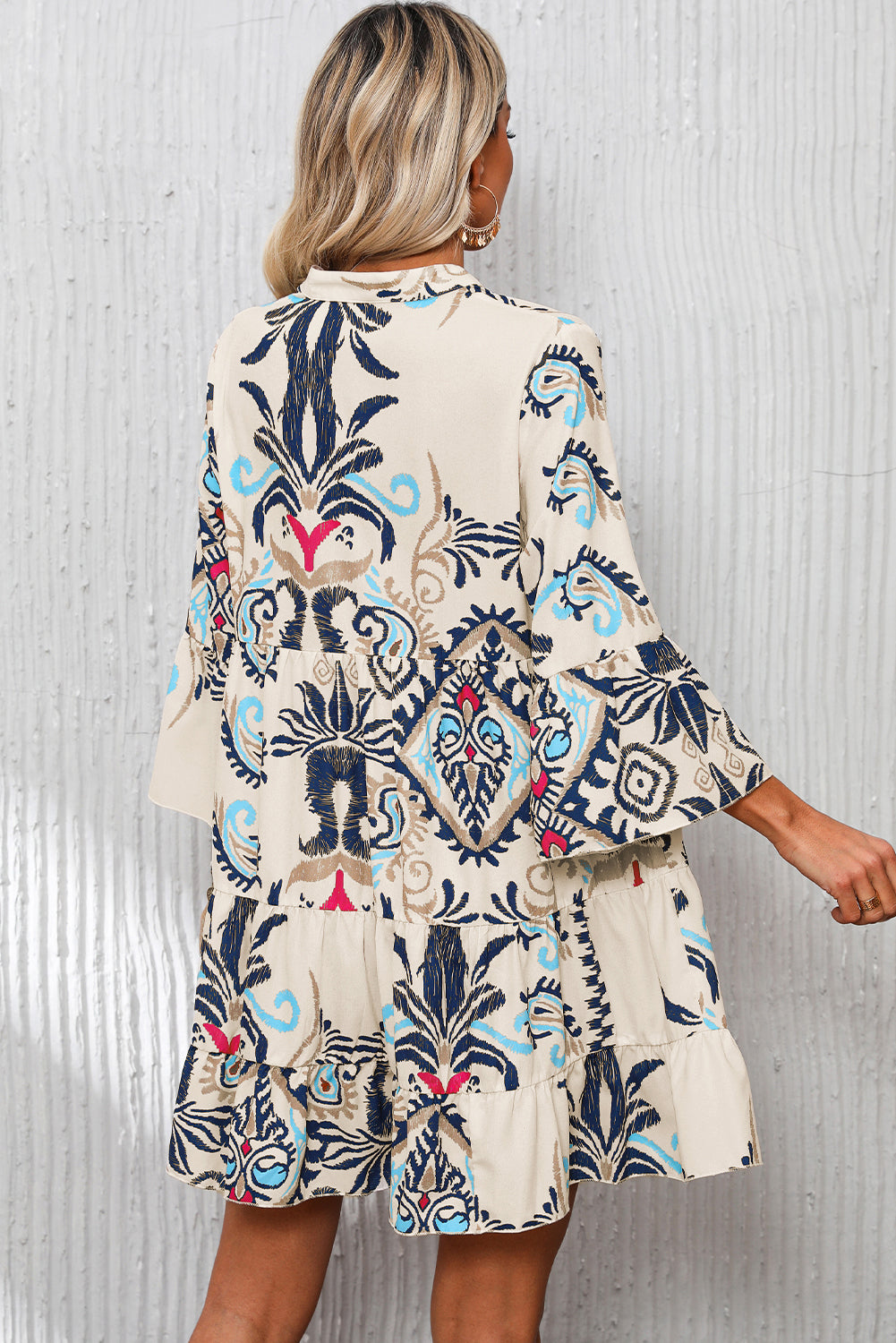 White Printed Button Mini Dress - Bracelet Sleeves
