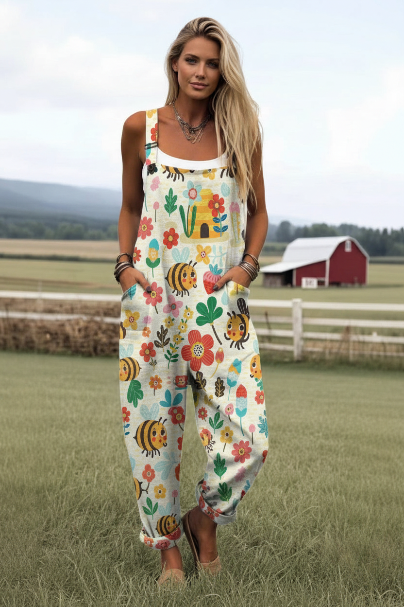 Model in Bee & Flowers Overalls
