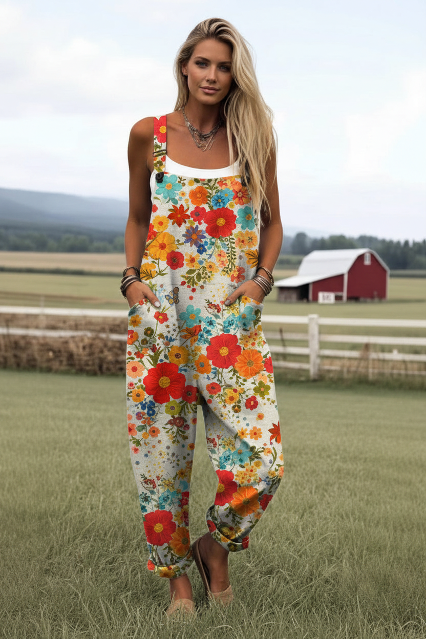 Model in Boho Floral Overalls