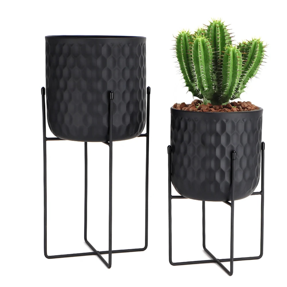 Set of 2 12"&18" H Tall Metal Flower Pot With Stand (Black)