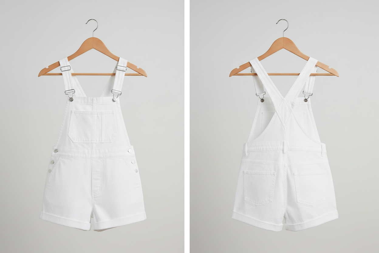 White Overalls Hanger Split View - Front and Back